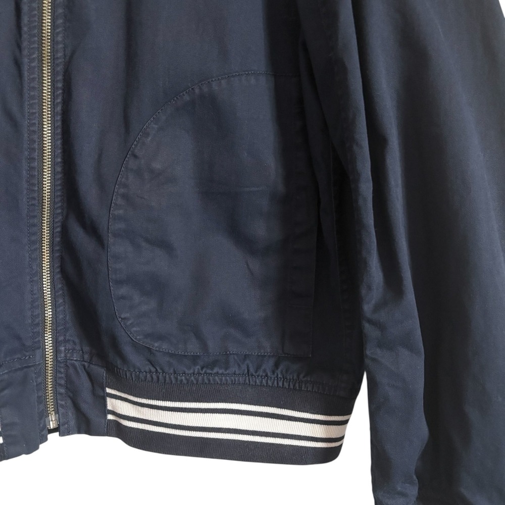 J.Crew Mens Navy Blue Cotton Varsity Bomber Jacket Striped Trim Size L Full Zip - Picture 4 of 7